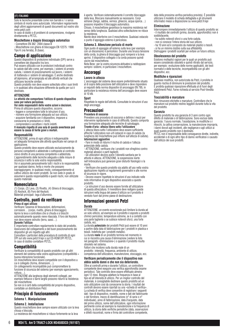 Campo di applicazione, Nomenclatura, Controllo, punti da verificare | Compatibilità, Principio di funzionamento, Ancoraggi, Precauzioni, Informazioni generali petzl | Petzl AM'D TRIACT-LOCK User Manual | Page 6 / 22