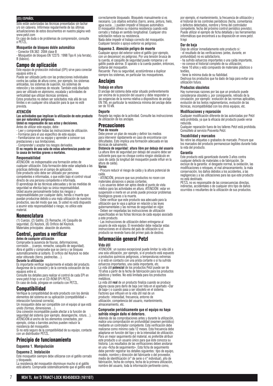 Campo de aplicación, Nomenclatura, Control, puntos a verificar | Compatibilidad, Principio de funcionamiento, Anclajes, Precauciones, Información general petzl | Petzl AM'D TRIACT-LOCK User Manual | Page 7 / 22