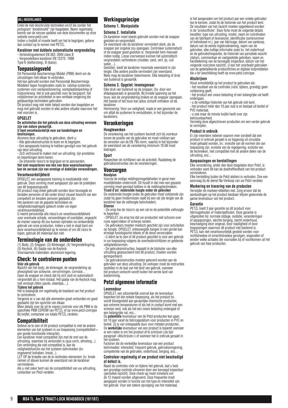 Toepassingsveld, Terminologie van de onderdelen, Check: te controleren punten | Compatibiliteit, Werkingsprincipe, Verankeringen, Voorzorgen, Petzl algemene informatie | Petzl AM'D TRIACT-LOCK User Manual | Page 9 / 22