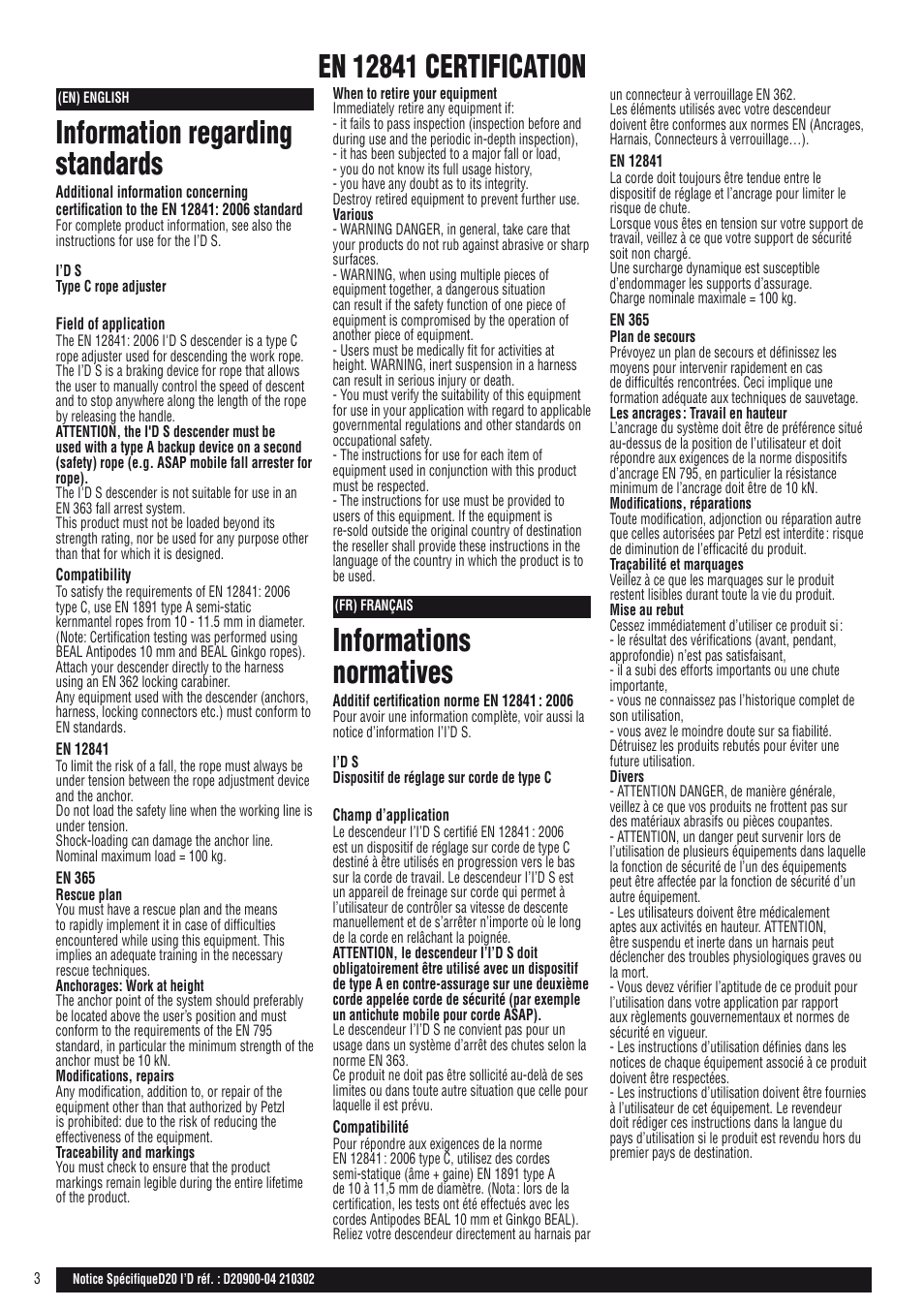 Drawings, Information regarding standards, Informations normatives | Petzl I'D D20 S User Manual | Page 3 / 28