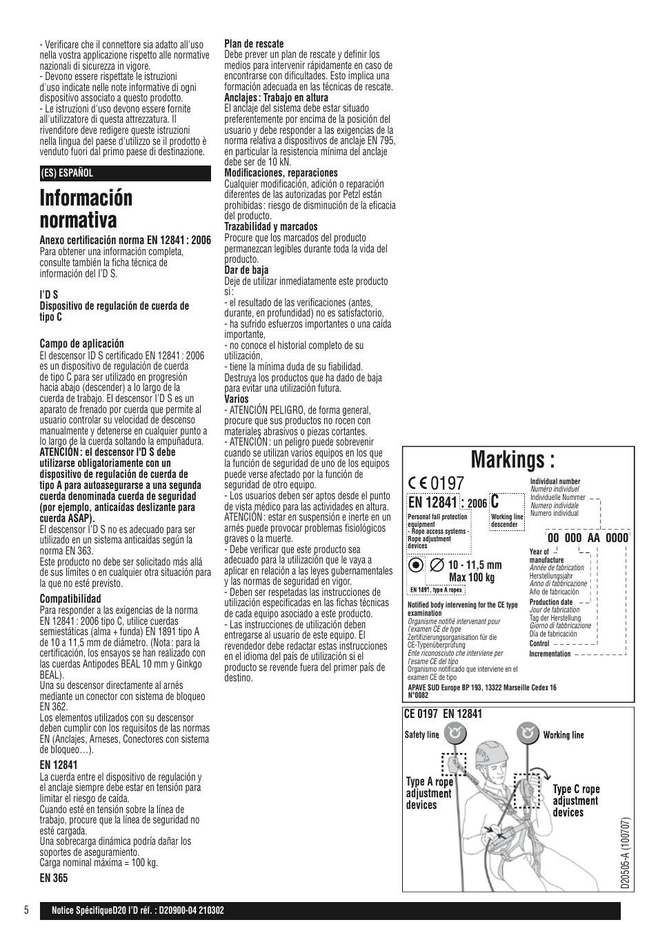 Drawings, Markings, Información normativa | Petzl I'D D20 S User Manual | Page 5 / 28