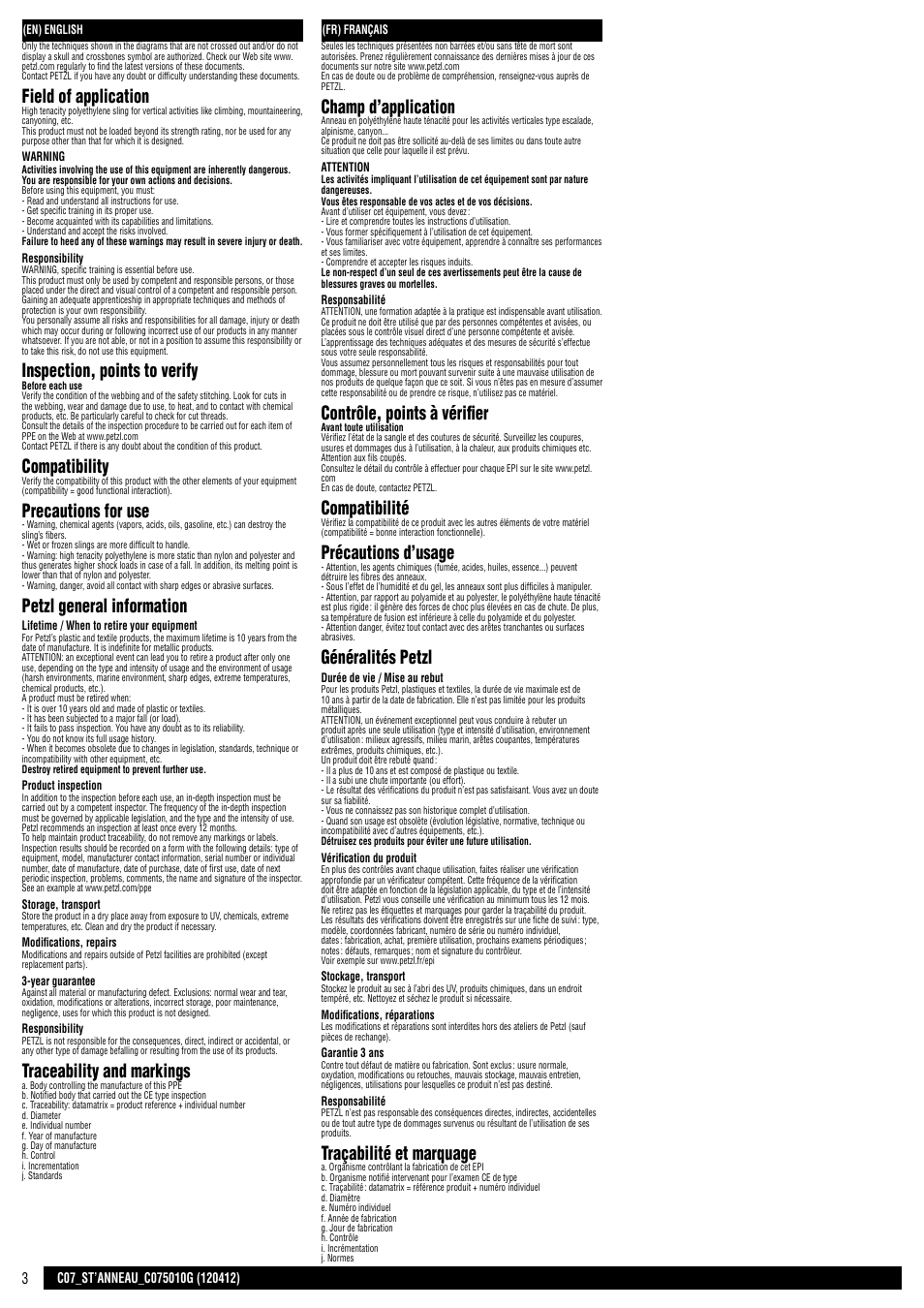 En, fr, Field of application, Inspection, points to verify | Compatibility, Precautions for use, Petzl general information, Traceability and markings, Champ d’application, Contrôle, points à vérifier, Compatibilité | Petzl ST'ANNEAU User Manual | Page 3 / 10