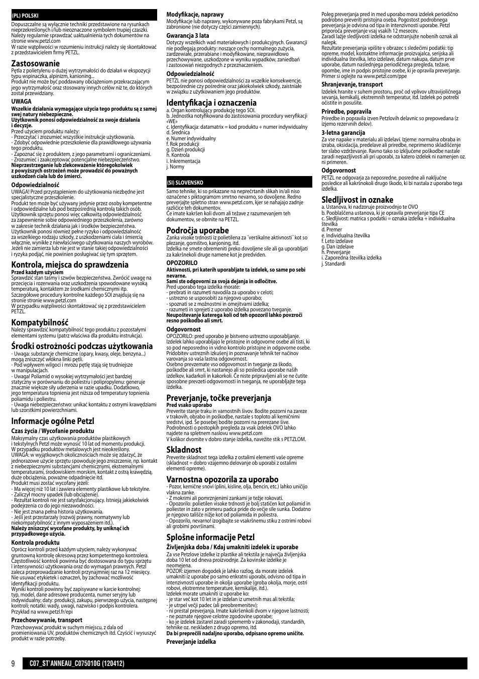 Pl, si, Zastosowanie, Kontrola, miejsca do sprawdzenia | Kompatybilność, Środki ostrożności podczas użytkowania, Informacje ogólne petzl, Identyfikacja i oznaczenia, Področja uporabe, Preverjanje, točke preverjanja, Skladnost | Petzl ST'ANNEAU User Manual | Page 9 / 10