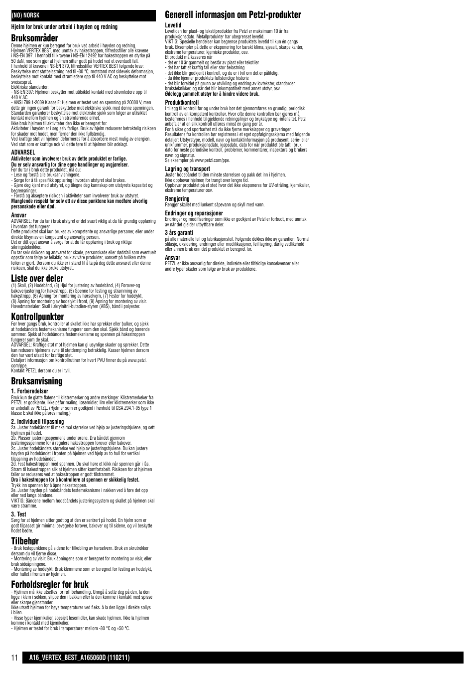 Bruksområder, Liste over deler, Kontrollpunkter | Bruksanvisning, Tilbehør, Forholdsregler for bruk, Generell informasjon om petzl-produkter | Petzl VERTEX BEST User Manual | Page 11 / 14