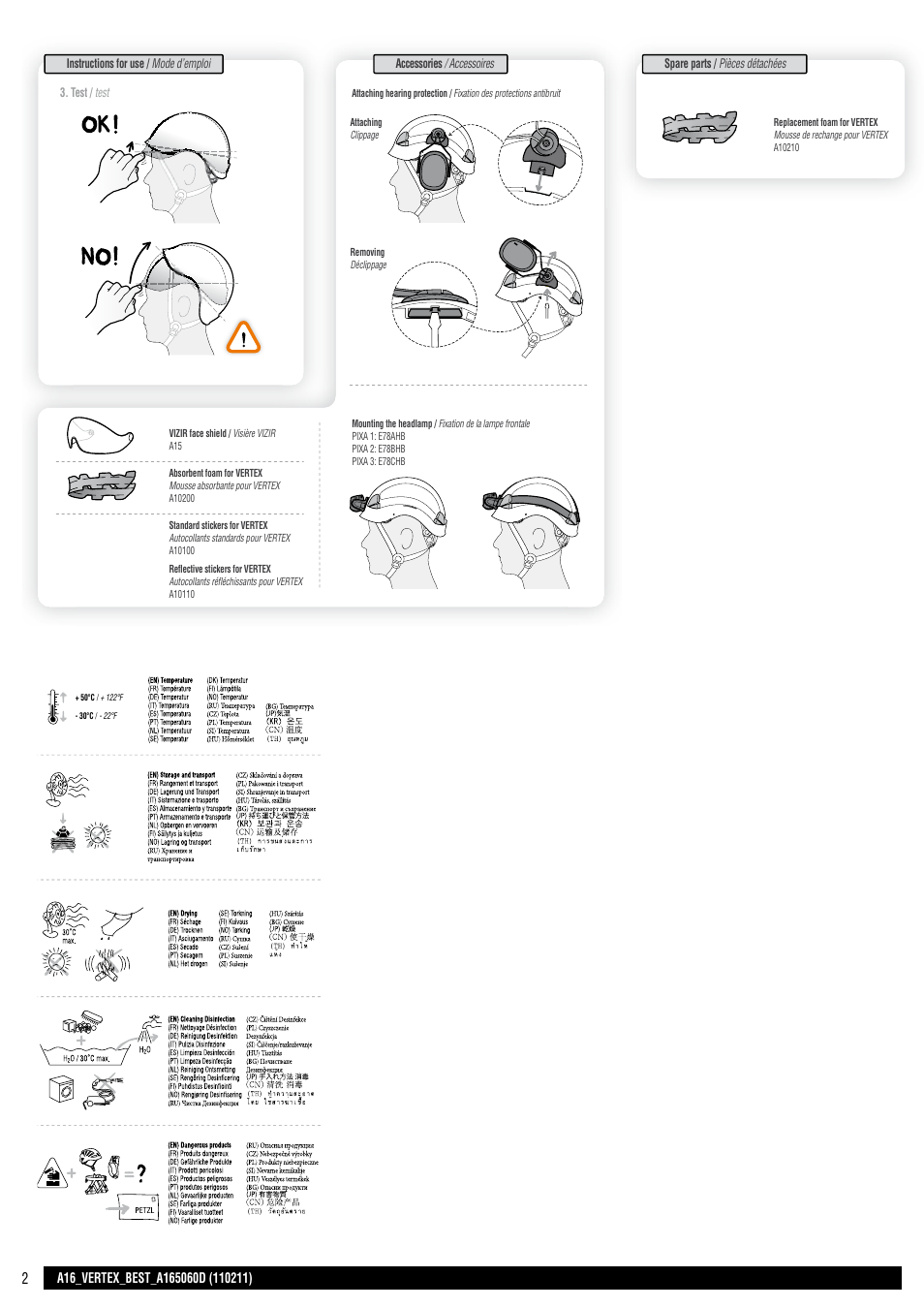 Drawings, Cahier, Miniplan 1 verso | Field of application, Nomenclature of parts, Inspection, points to verify, Instructions for use | Petzl VERTEX BEST User Manual | Page 2 / 14