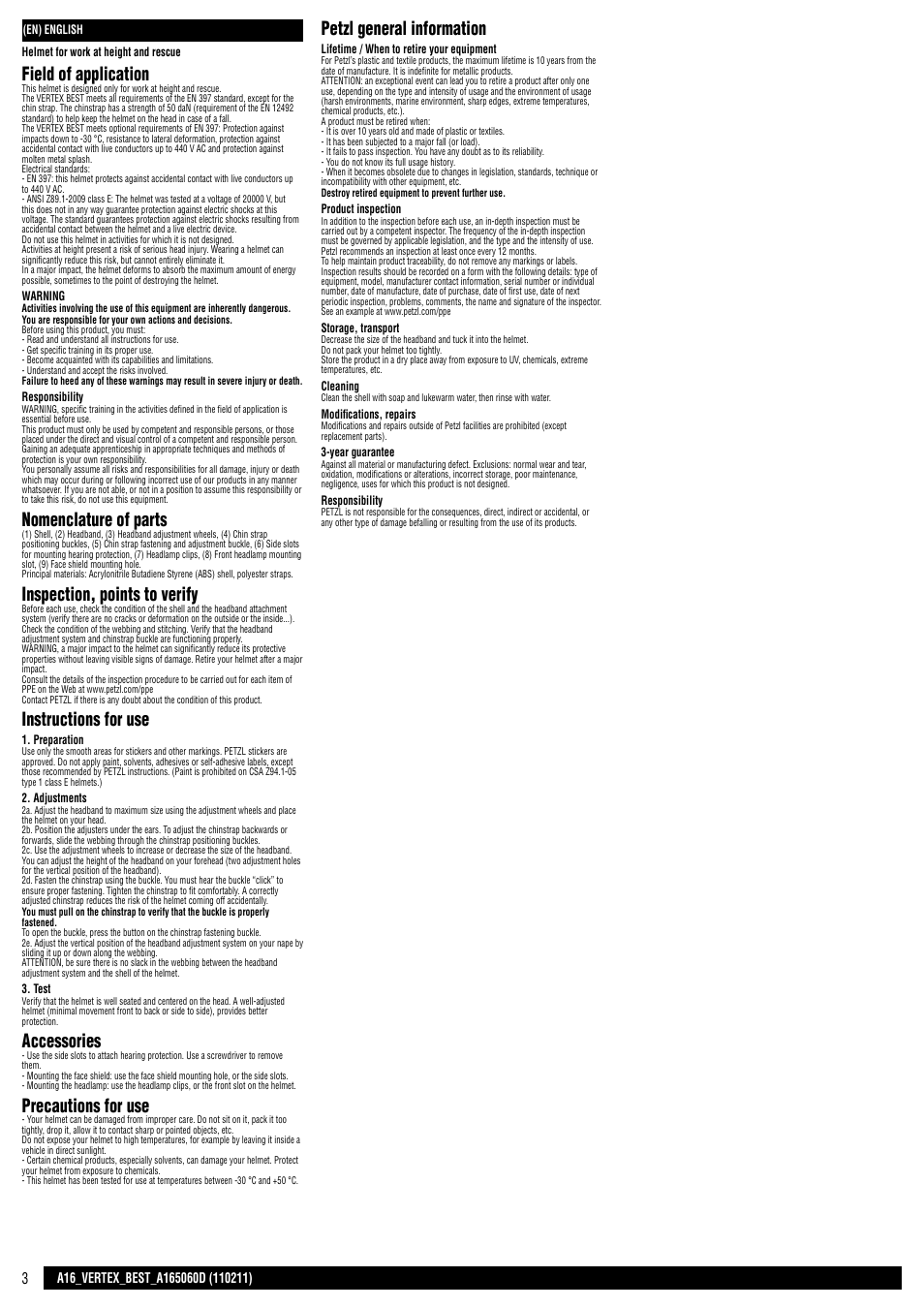 Field of application, Nomenclature of parts, Inspection, points to verify | Instructions for use, Accessories, Precautions for use, Petzl general information | Petzl VERTEX BEST User Manual | Page 3 / 14