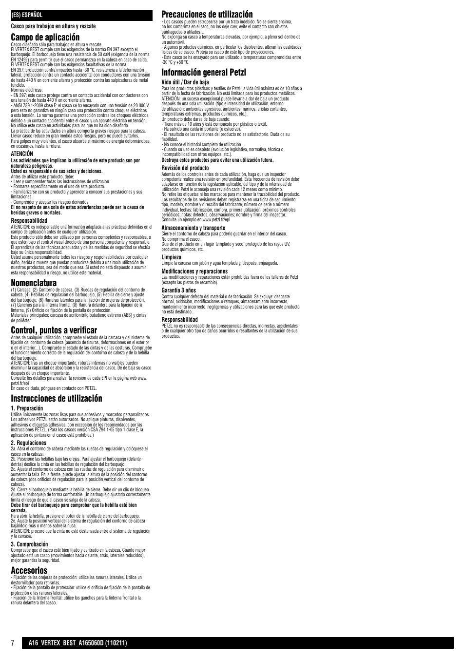Campo de aplicación, Nomenclatura, Control, puntos a verificar | Instrucciones de utilización, Accesorios, Precauciones de utilización, Información general petzl | Petzl VERTEX BEST User Manual | Page 7 / 14