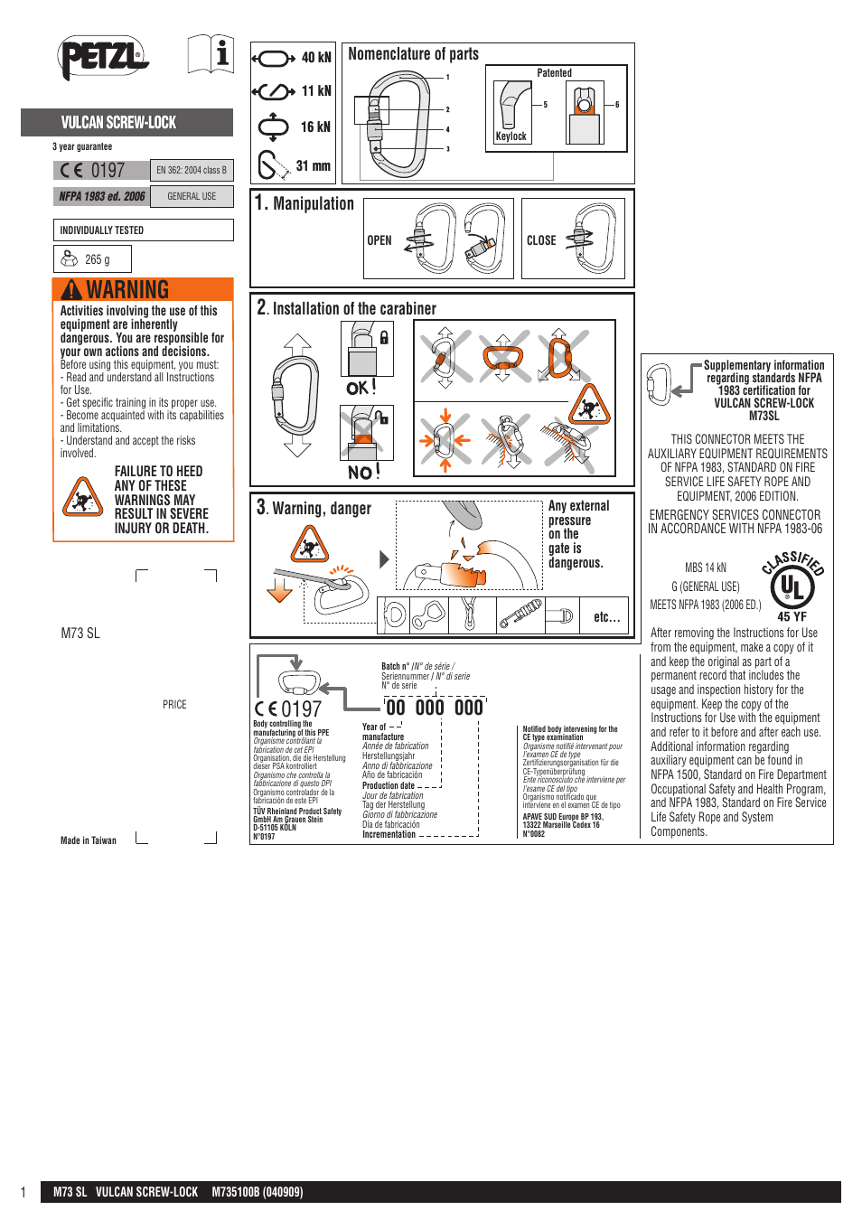 Petzl VULCAN SCREW-LOCK User Manual | 23 pages