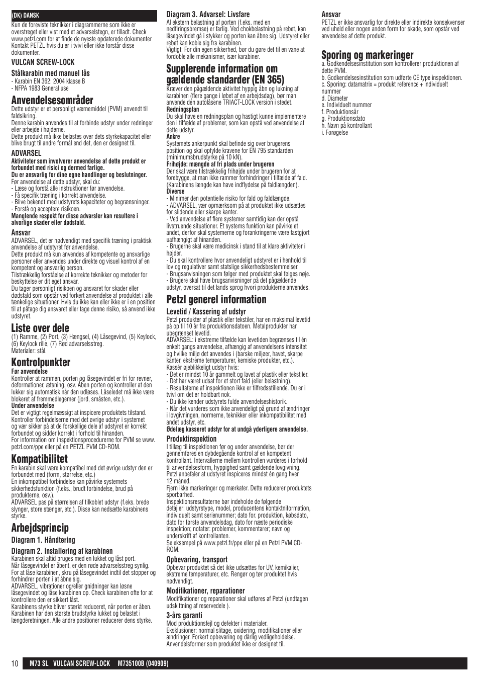 Anvendelsesområder, Liste over dele, Kontrolpunkter | Kompatibilitet, Arbejdsprincip, Petzl generel information, Sporing og markeringer | Petzl VULCAN SCREW-LOCK User Manual | Page 10 / 23