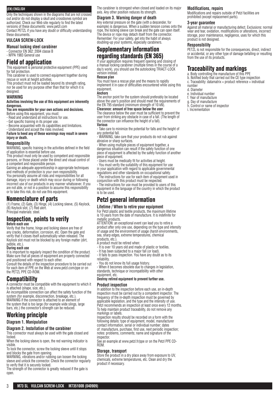 Field of application, Nomenclature of parts, Inspection, points to verify | Compatibility, Working principle, Petzl general information, Traceability and markings | Petzl VULCAN SCREW-LOCK User Manual | Page 3 / 23