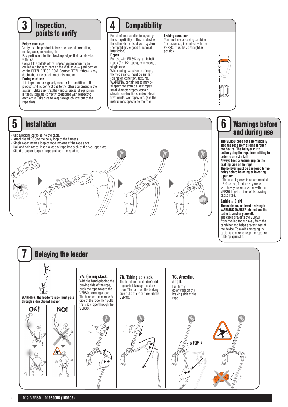 En + drawings, Inspection, points to verify, Compatibility | Warnings before and during use, Belaying the leader, Installation | Petzl VERSO User Manual | Page 2 / 24