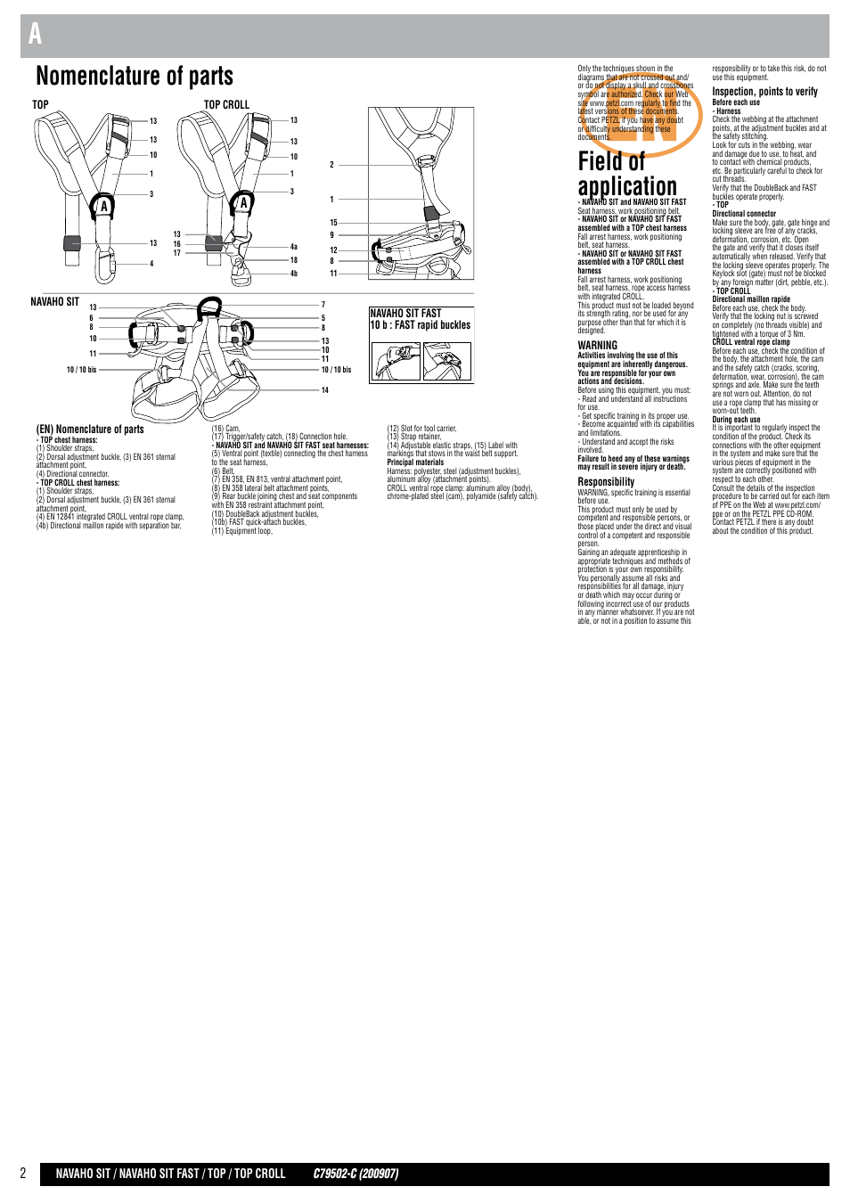 En + drawings, Field of application, Nomenclature of parts | Petzl NAVAHO SIT FAST User Manual | Page 2 / 44