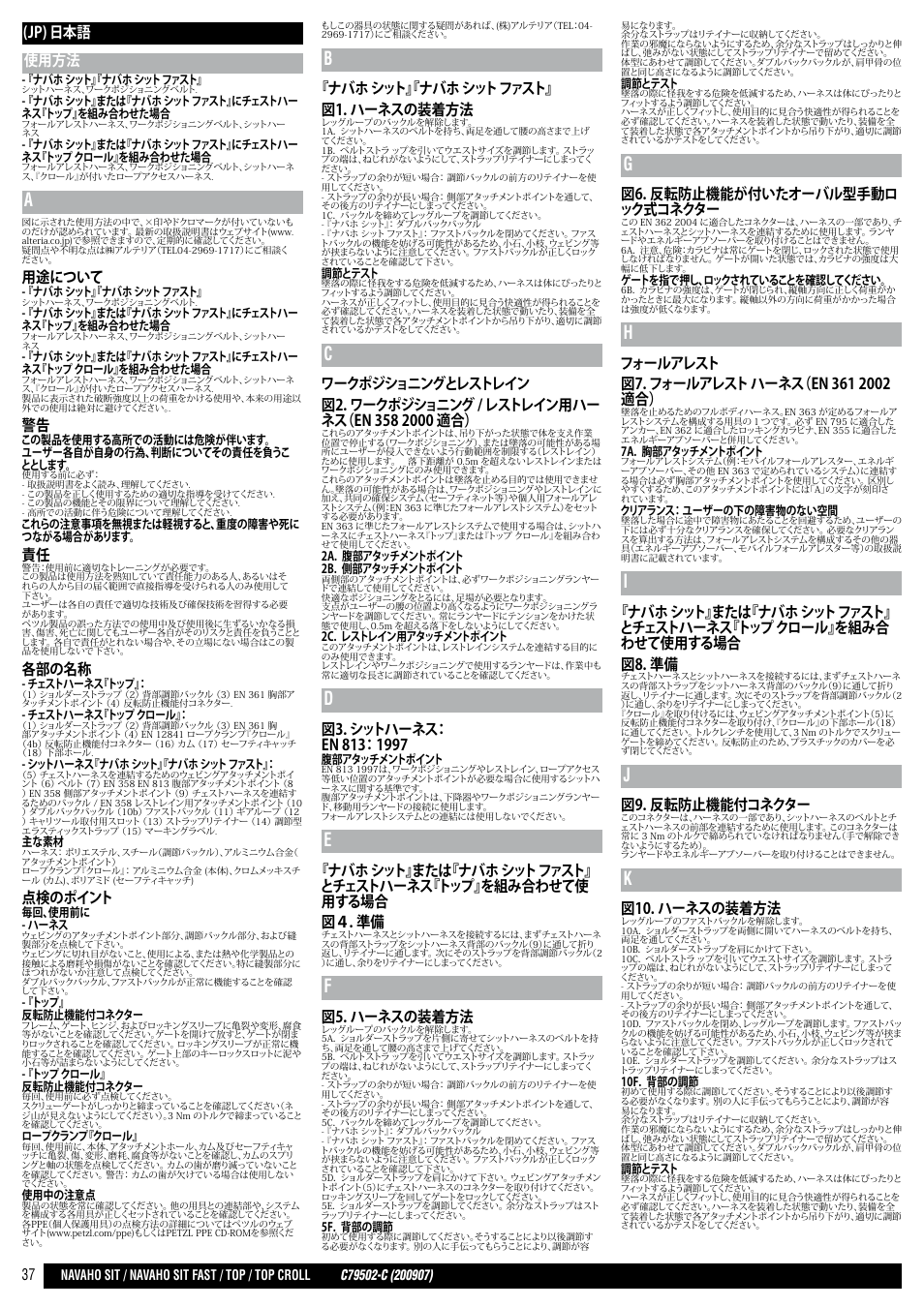 Jp) 日本語 使用方法, 用途について, 各部の名称 | 点検のポイント, ナバホ シット』 『ナバホ シット ファスト』 図1．ハーネスの装着方法, 図5．ハーネスの装着方法, 図6．反転防止機能が付いたオーバル型手動ロ ック式コネクター, 図9．反転防止機能付コネクター, 図10．ハーネスの装着方法 | Petzl NAVAHO SIT FAST User Manual | Page 37 / 44