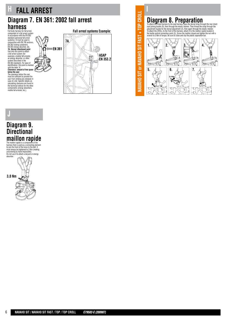 En + drawings, Hfall arrest, Diagram 8. preparation | Diagram 9. directional maillon rapide, Na vaho sit or na vaho sit fast + top croll | Petzl NAVAHO SIT FAST User Manual | Page 6 / 44