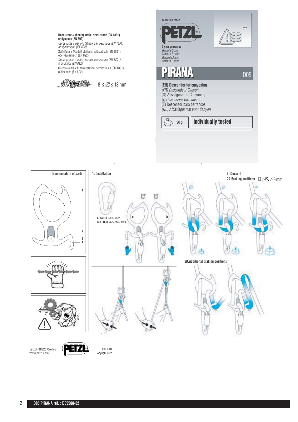 Drawings, Pirana, Individually tested | Petzl PIRANA User Manual | Page 2 / 24