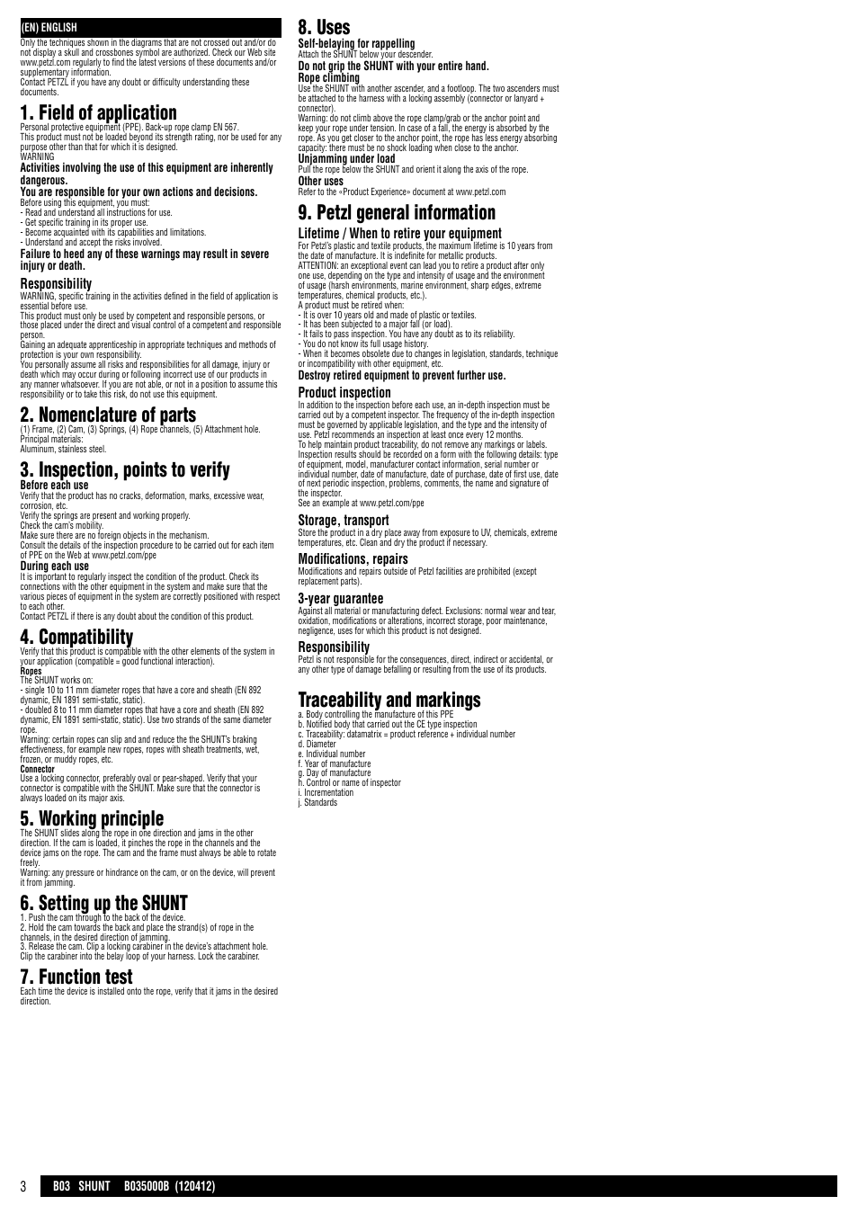 Field of application, Nomenclature of parts, Inspection, points to verify | Compatibility, Working principle, Setting up the shunt, Function test, Uses, Petzl general information, Traceability and markings | Petzl SHUNT User Manual | Page 3 / 21