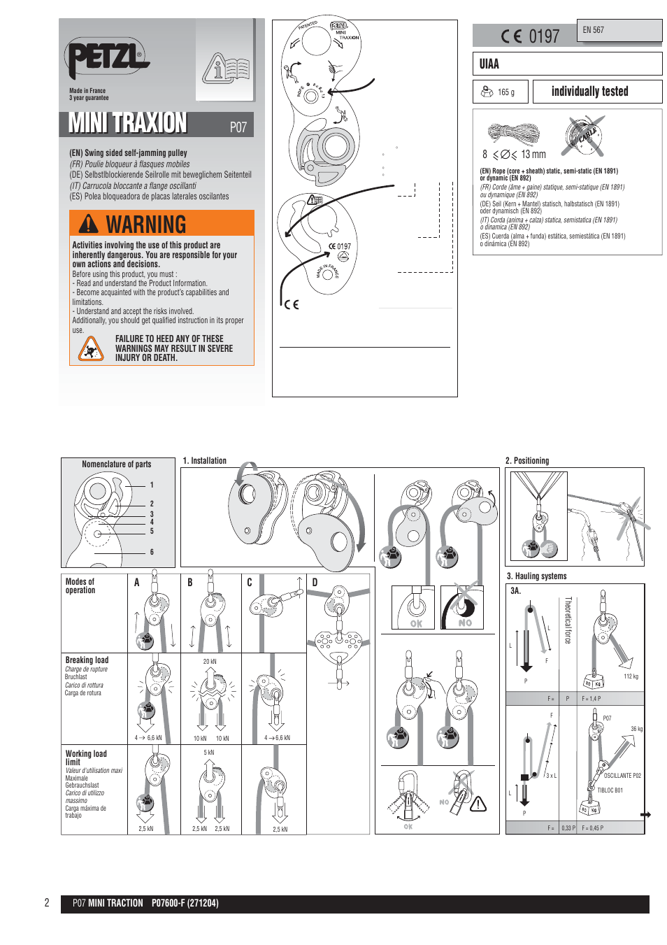 Drawings, Mini traxion, Warning | Uiaa, Individually tested, 813 mm | Petzl MINI TRAXION User Manual | Page 2 / 11