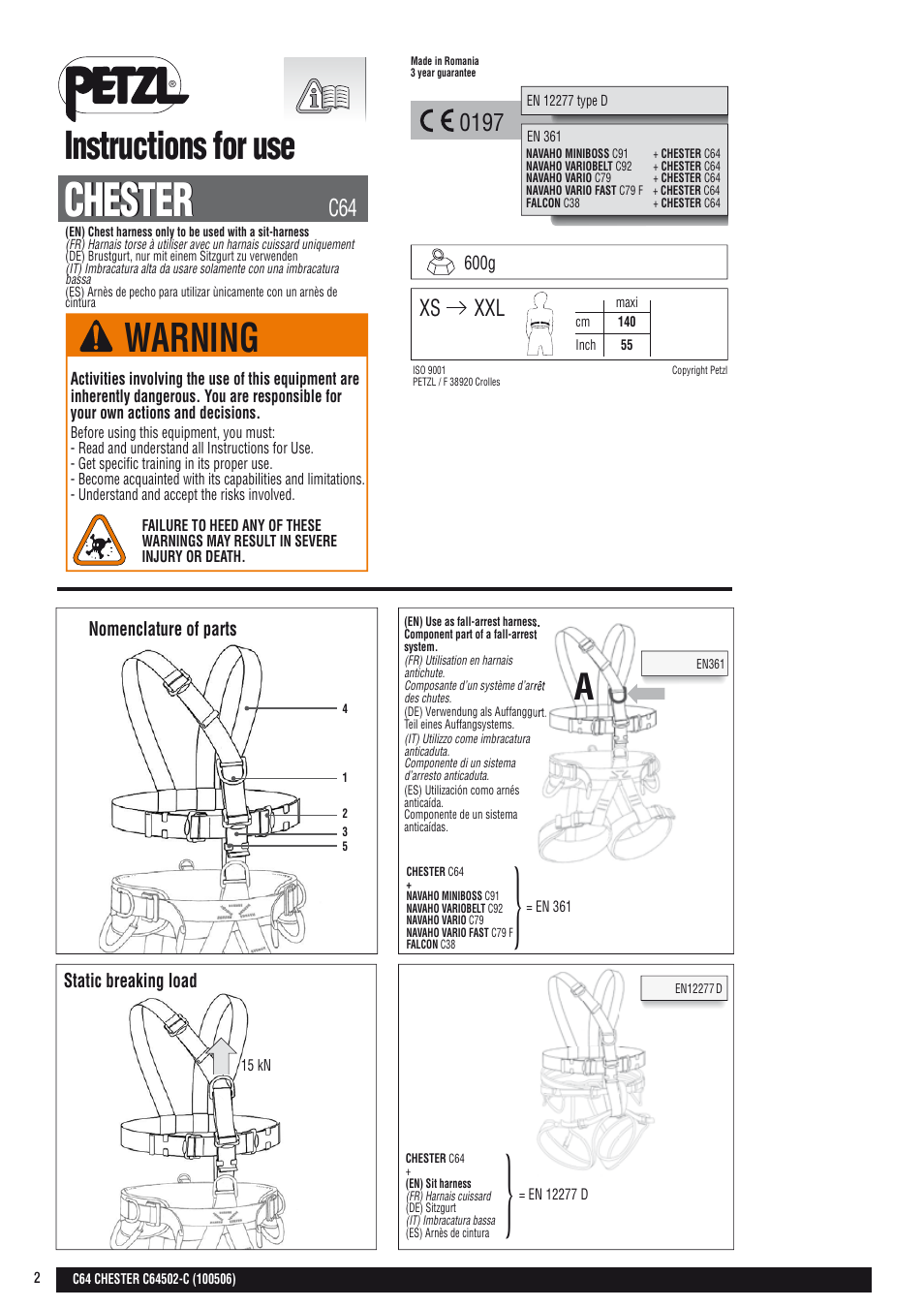 Drawings, Chester, Warning | Instructions for use, Xs xxl | Petzl CHESTER User Manual | Page 2 / 11