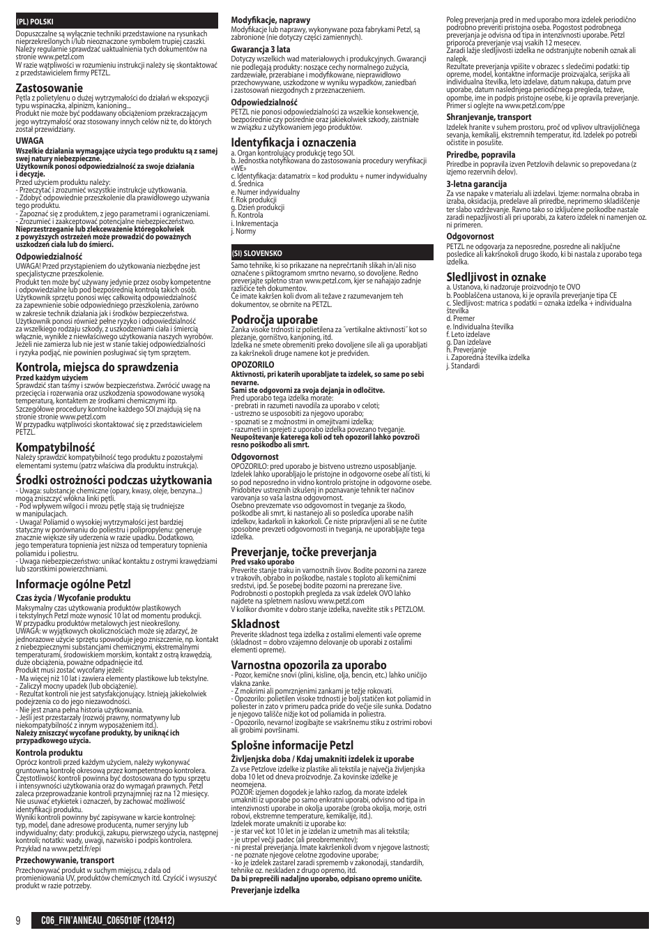 Pl, si, Zastosowanie, Kontrola, miejsca do sprawdzenia | Kompatybilność, Środki ostrożności podczas użytkowania, Informacje ogólne petzl, Identyfikacja i oznaczenia, Področja uporabe, Preverjanje, točke preverjanja, Skladnost | Petzl FIN'ANNEAU User Manual | Page 9 / 10
