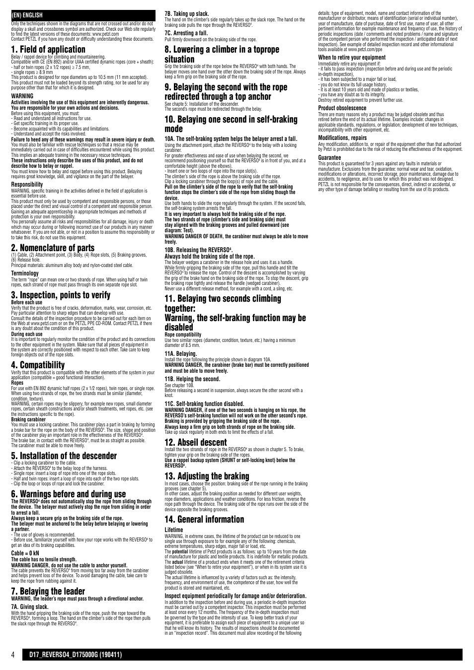 Field of application, Nomenclature of parts, Inspection, points to verify | Compatibility, Installation of the descender, Warnings before and during use, Belaying the leader, Lowering a climber in a toprope situation, Belaying one second in self-braking mode, Abseil descent | Petzl REVERSO 4 User Manual | Page 4 / 24