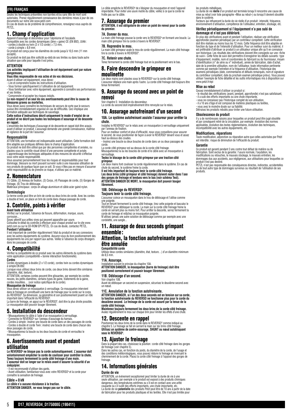 Champ d’application, Nomenclature, Contrôle, points à vérifier | Compatibilité, Installation du descendeur, Avertissements avant et pendant utilisation, Assurage du premier, Faire descendre le grimpeur en moulinette, Assurage du second avec un point de renvoi, Assurage autofreinant d’un second | Petzl REVERSO 4 User Manual | Page 5 / 24