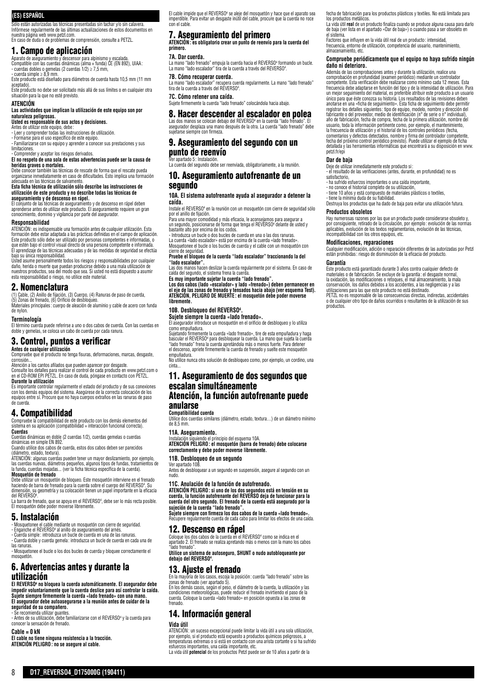 Campo de aplicación, Nomenclatura, Control, puntos a verificar | Compatibilidad, Instalación, Advertencias antes y durante la utilización, Aseguramiento del primero, Hacer descender al escalador en polea, Aseguramiento del segundo con un punto de reenvío, Aseguramiento autofrenante de un segundo | Petzl REVERSO 4 User Manual | Page 8 / 24