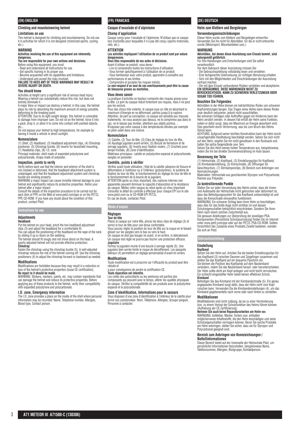 En, fr, de | Petzl METEOR III User Manual | Page 3 / 8