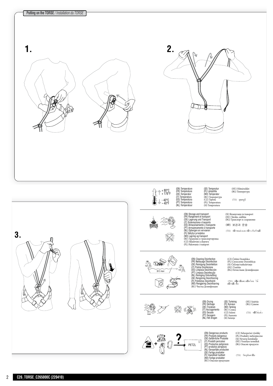 Drawings, Putting on the torse / installation du torse | Petzl TORSE User Manual | Page 2 / 8