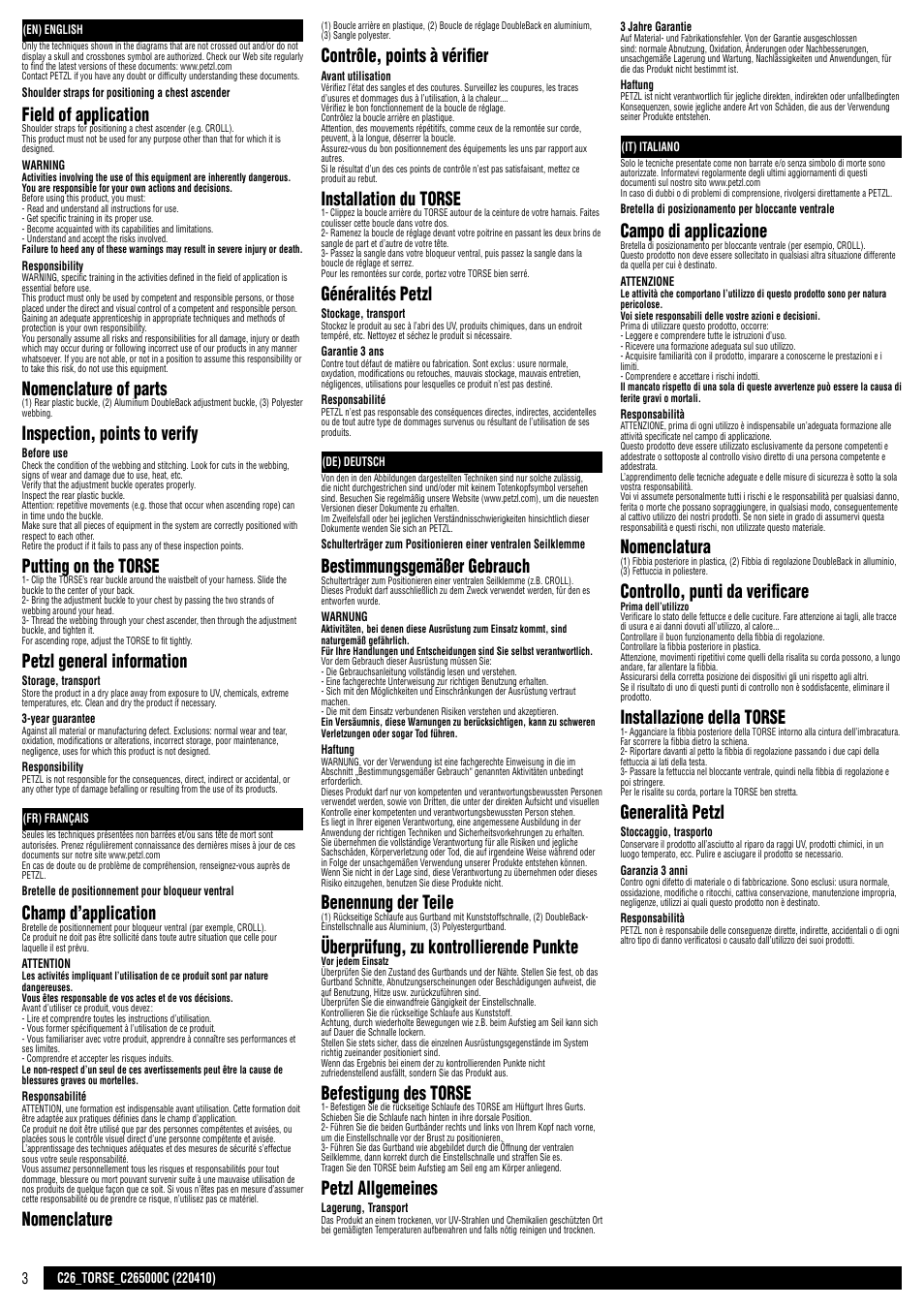 En, fr, de, it, Field of application, Nomenclature of parts | Inspection, points to verify, Putting on the torse, Petzl general information, Champ d’application, Nomenclature, Contrôle, points à vérifier, Installation du torse | Petzl TORSE User Manual | Page 3 / 8