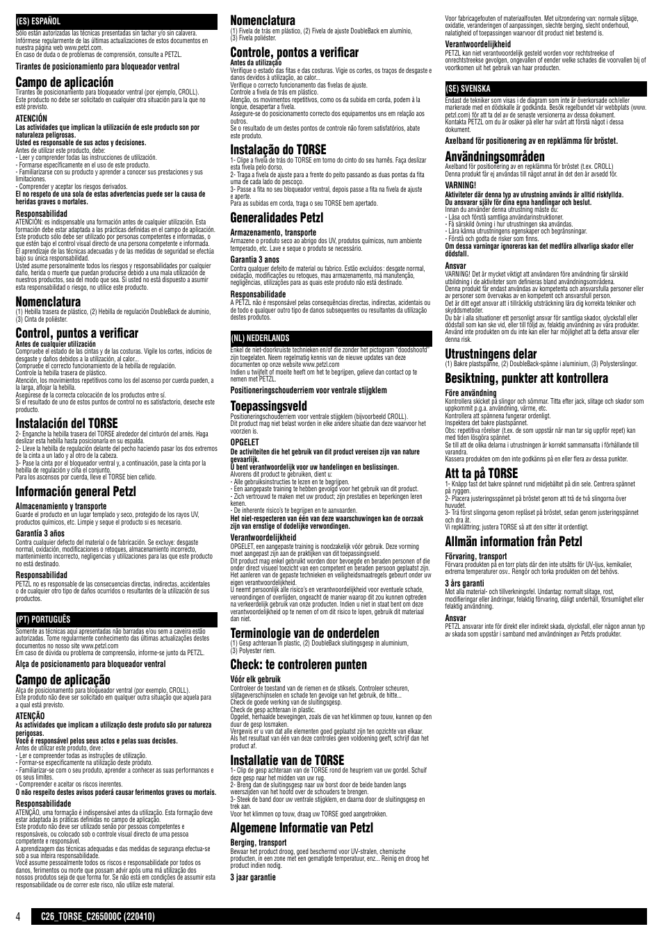 Es, pt, nl, se, Campo de aplicación, Nomenclatura | Control, puntos a verificar, Instalación del torse, Información general petzl, Campo de aplicação, Controle, pontos a verificar, Instalação do torse, Generalidades petzl | Petzl TORSE User Manual | Page 4 / 8