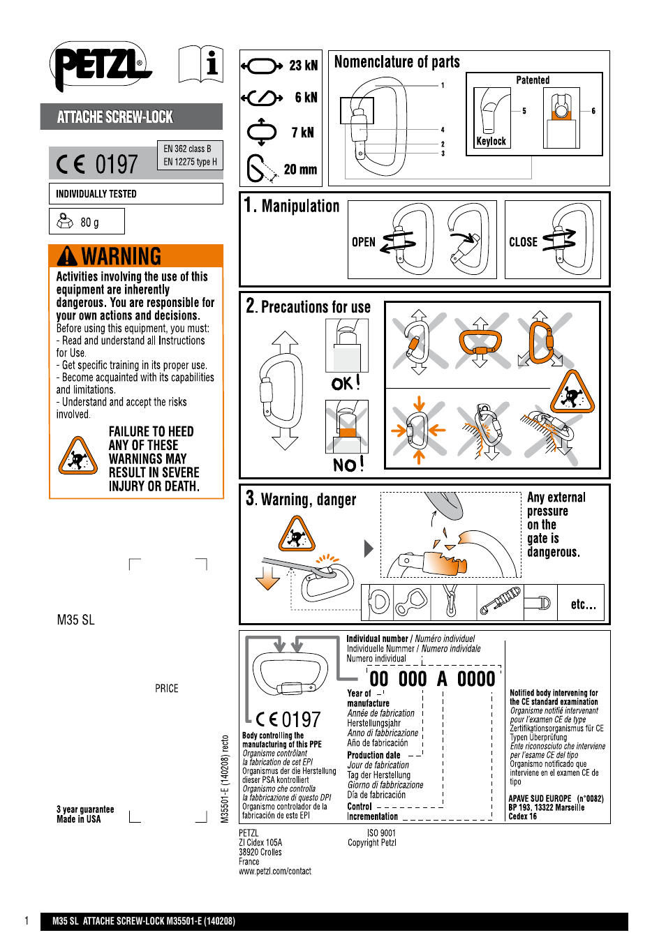 Petzl ATTACHE SCREW-LOCK User Manual | 23 pages