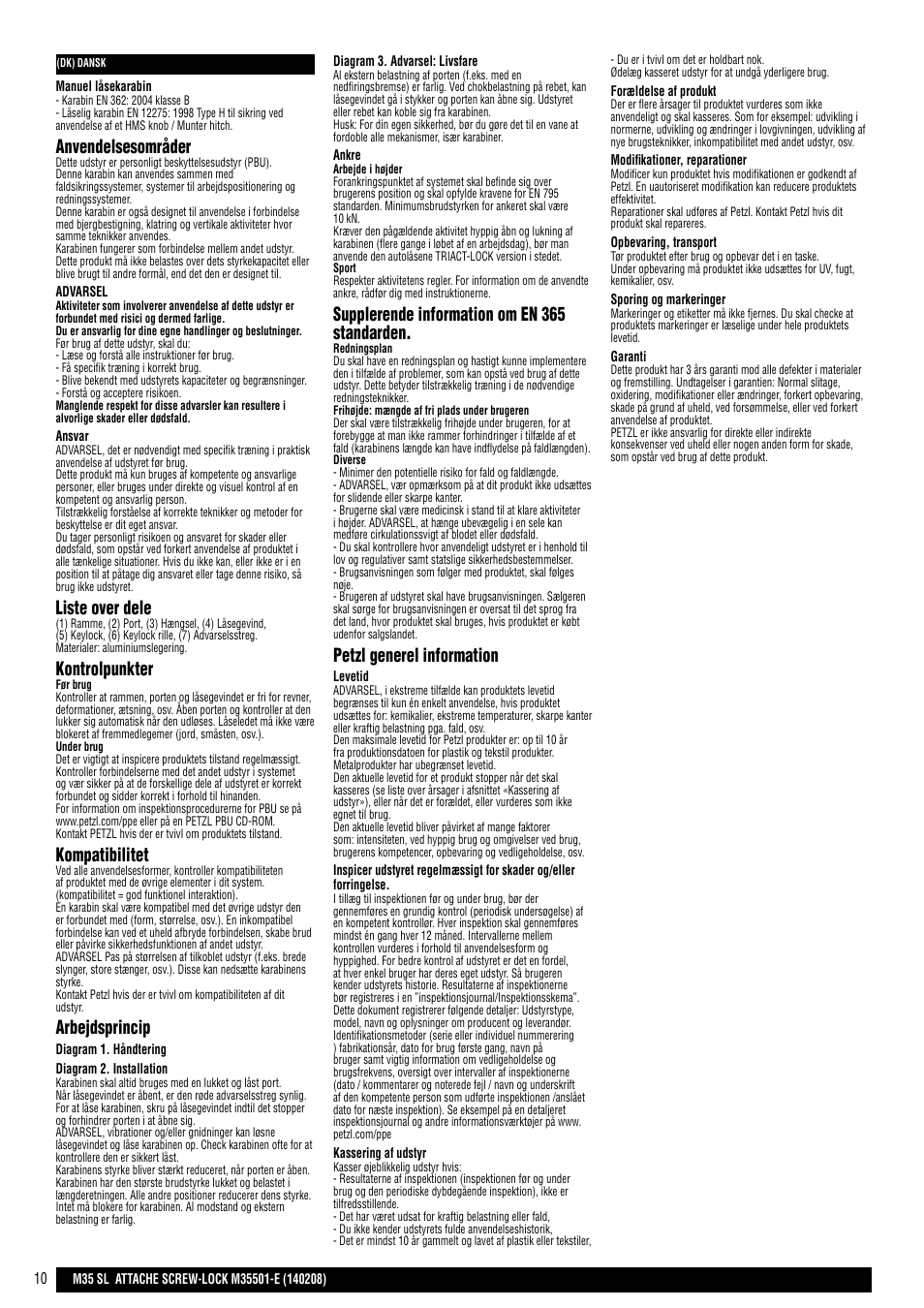 Anvendelsesområder, Liste over dele, Kontrolpunkter | Kompatibilitet, Arbejdsprincip, Supplerende information om en 365 standarden, Petzl generel information | Petzl ATTACHE SCREW-LOCK User Manual | Page 10 / 23