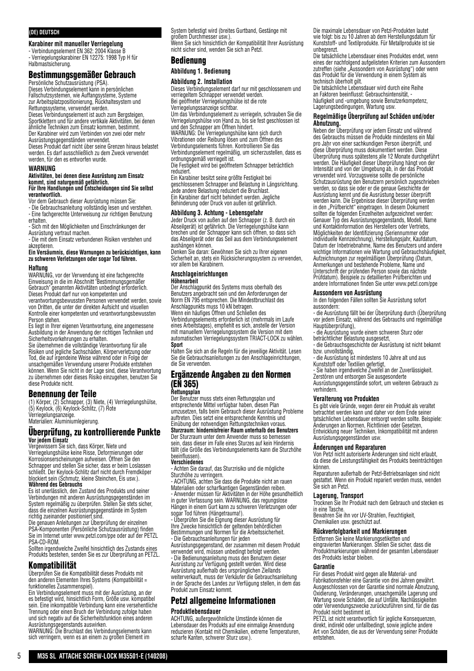 Bestimmungsgemäßer gebrauch, Benennung der teile, Überprüfung, zu kontrollierende punkte | Kompatibilität, Bedienung, Ergänzende angaben zu den normen (en 365), Petzl allgemeine informationen | Petzl ATTACHE SCREW-LOCK User Manual | Page 5 / 23