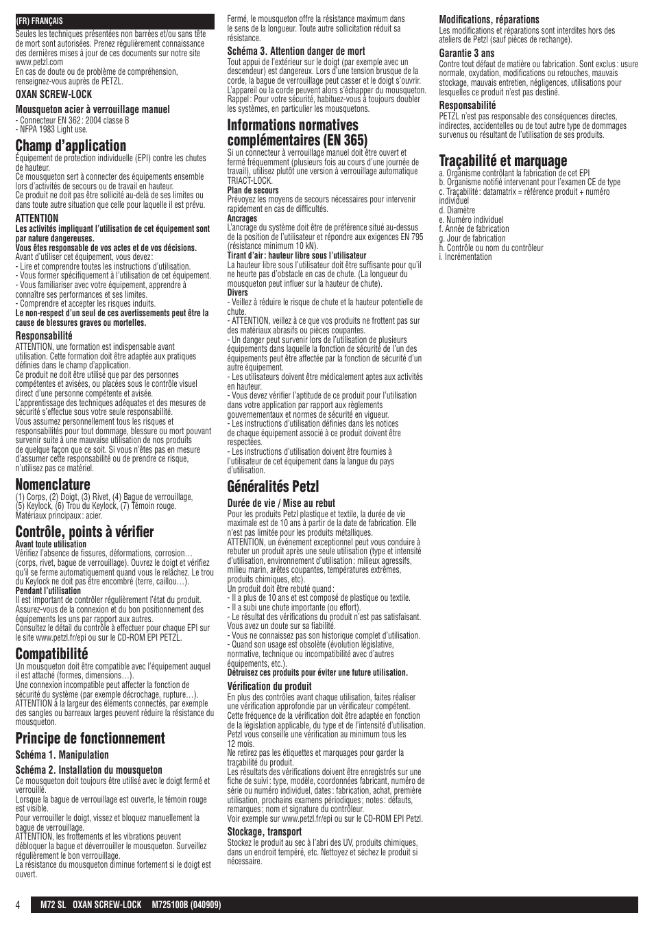 Champ d’application, Nomenclature, Contrôle, points à vérifier | Compatibilité, Principe de fonctionnement, Informations normatives complémentaires (en 365), Généralités petzl, Traçabilité et marquage | Petzl OXAN SCREW-LOCK User Manual | Page 4 / 23