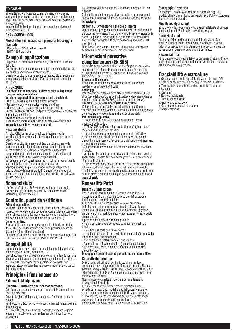 Campo di applicazione, Nomenclatura, Controllo, punti da verificare | Compatibilità, Principio di funzionamento, Informazioni normative complementari (en 365), Generalità petzl, Tracciabilità e marcature | Petzl OXAN SCREW-LOCK User Manual | Page 6 / 23