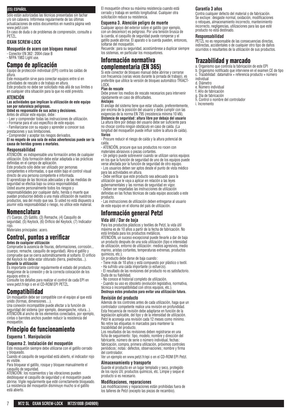 Campo de aplicación, Nomenclatura, Control, puntos a verificar | Compatibilidad, Principio de funcionamiento, Información normativa complementaria (en 365), Información general petzl, Trazabilidad y marcado | Petzl OXAN SCREW-LOCK User Manual | Page 7 / 23
