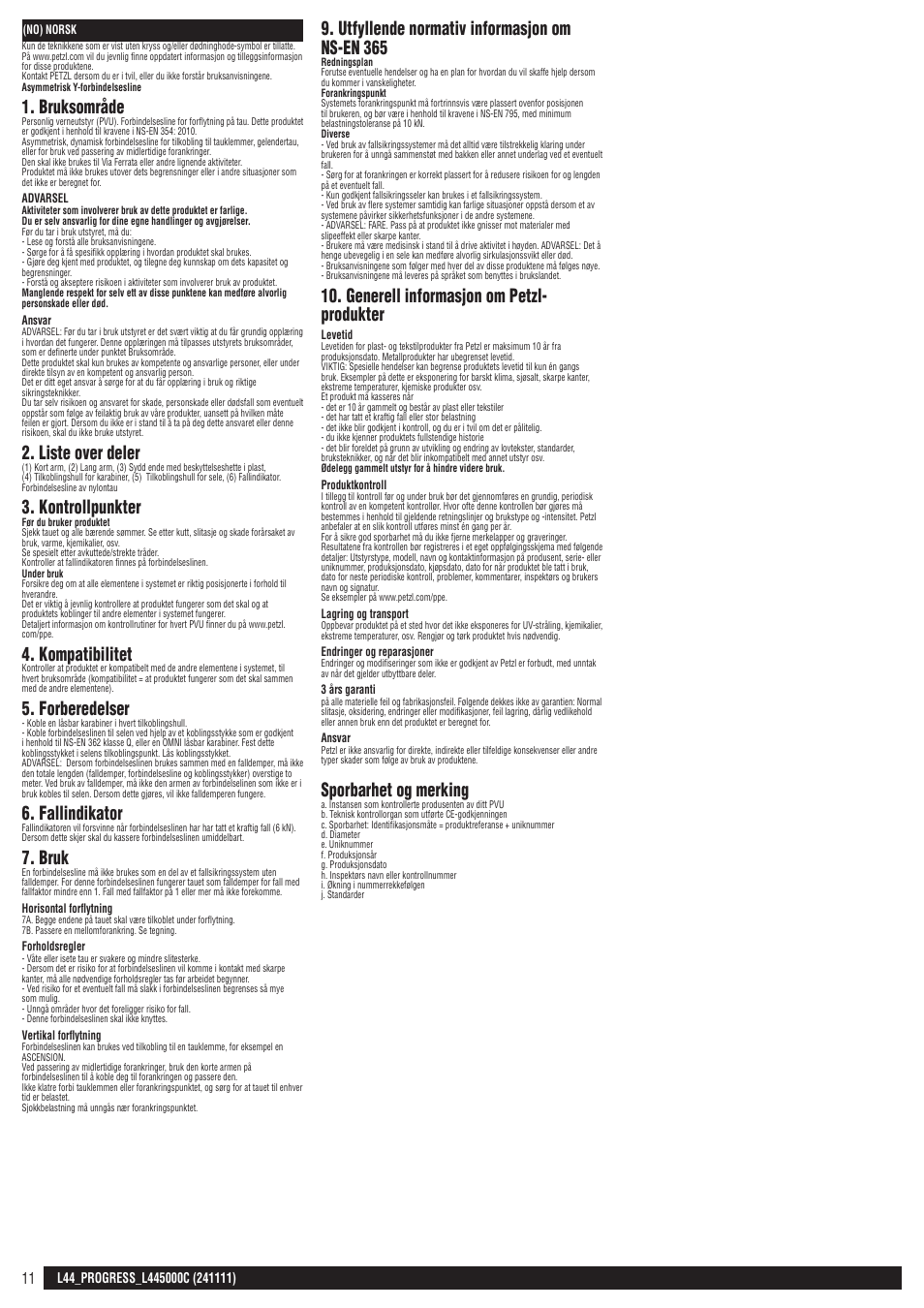 Bruksområde, Liste over deler, Kontrollpunkter | Kompatibilitet, Forberedelser, Fallindikator, Bruk, Utfyllende normativ informasjon om ns-en 365, Generell informasjon om petzl- produkter, Sporbarhet og merking | Petzl PROGRESS L445000C User Manual | Page 11 / 20