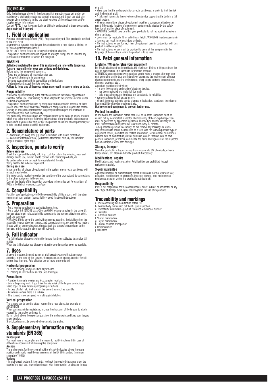 Field of application, Nomenclature of parts, Inspection, points to verify | Compatibility, Preparation, Fall indicator, Uses, Petzl general information, Traceability and markings | Petzl PROGRESS L445000C User Manual | Page 3 / 20