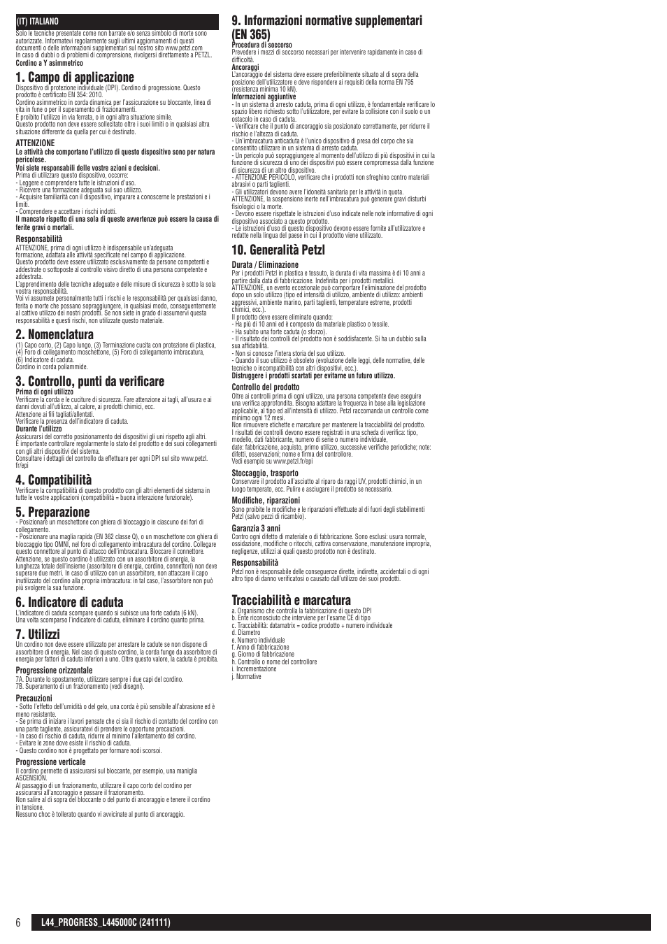 Campo di applicazione, Nomenclatura, Controllo, punti da verificare | Compatibilità, Preparazione, Indicatore di caduta, Utilizzi, Informazioni normative supplementari (en 365), Generalità petzl, Tracciabilità e marcatura | Petzl PROGRESS L445000C User Manual | Page 6 / 20