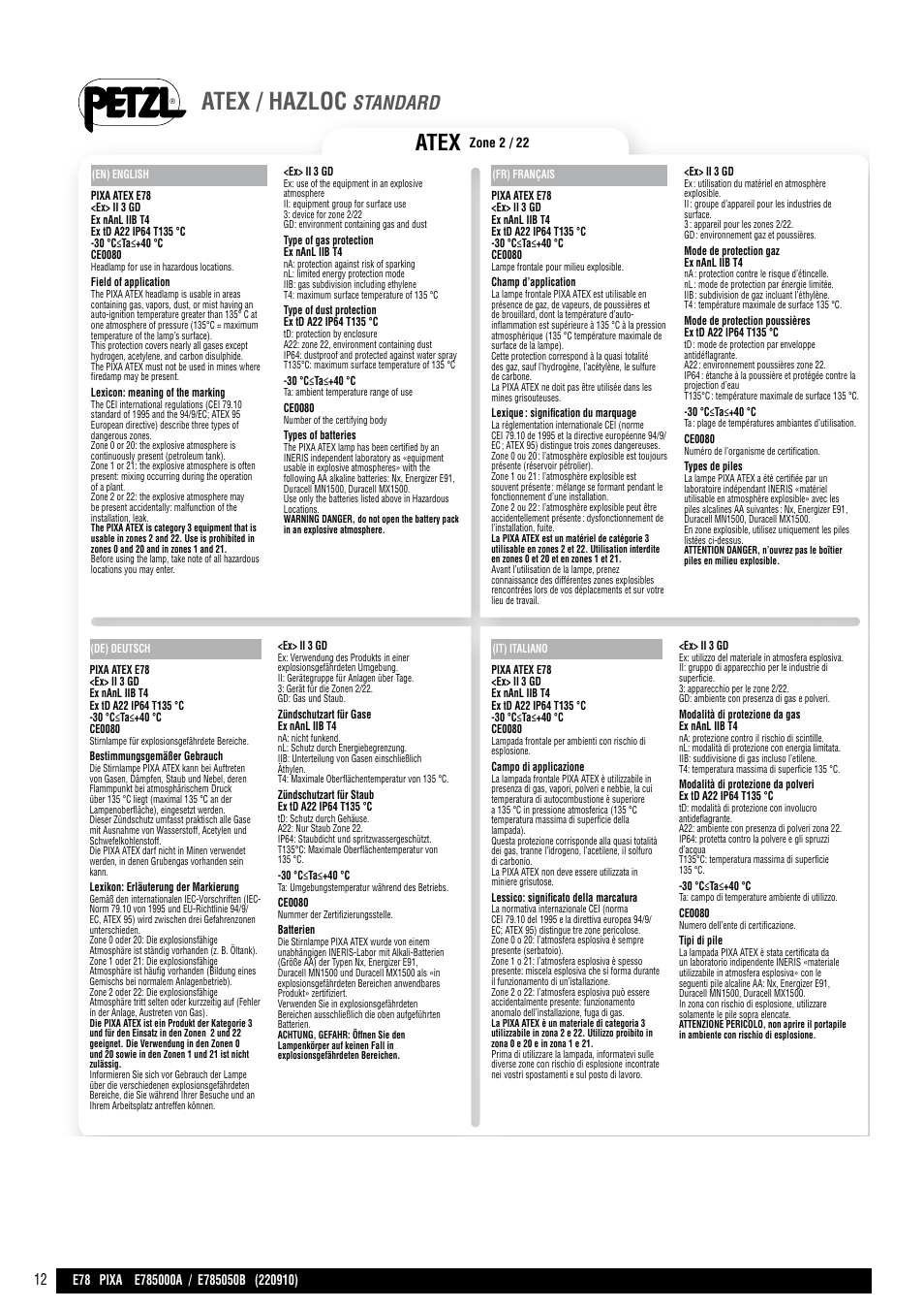 Atex / hazloc standard, Atex / hazloc, Atex | Standard | Petzl PIXA 3 User Manual | Page 12 / 13