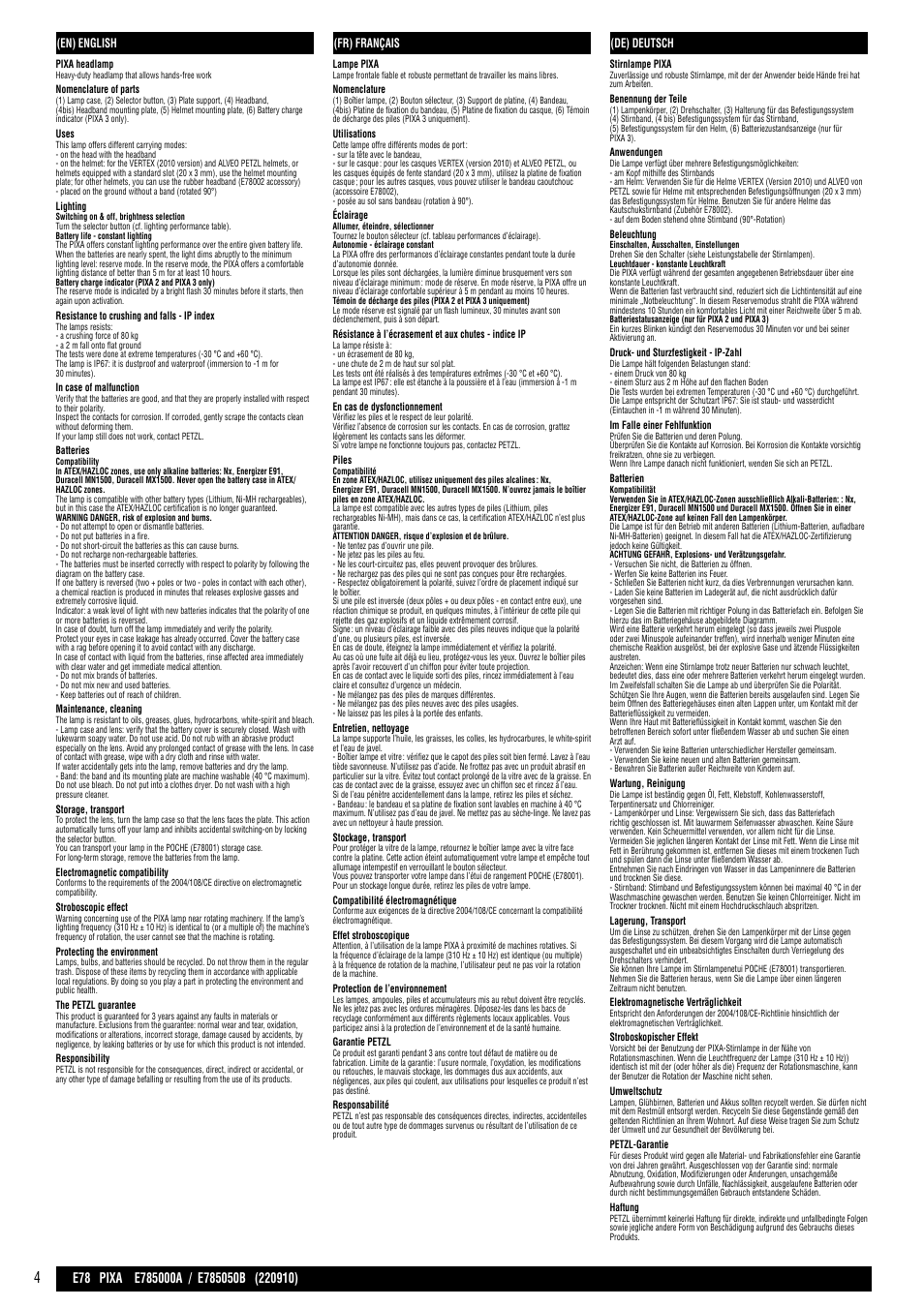 En / fr / de | Petzl PIXA 3 User Manual | Page 4 / 13