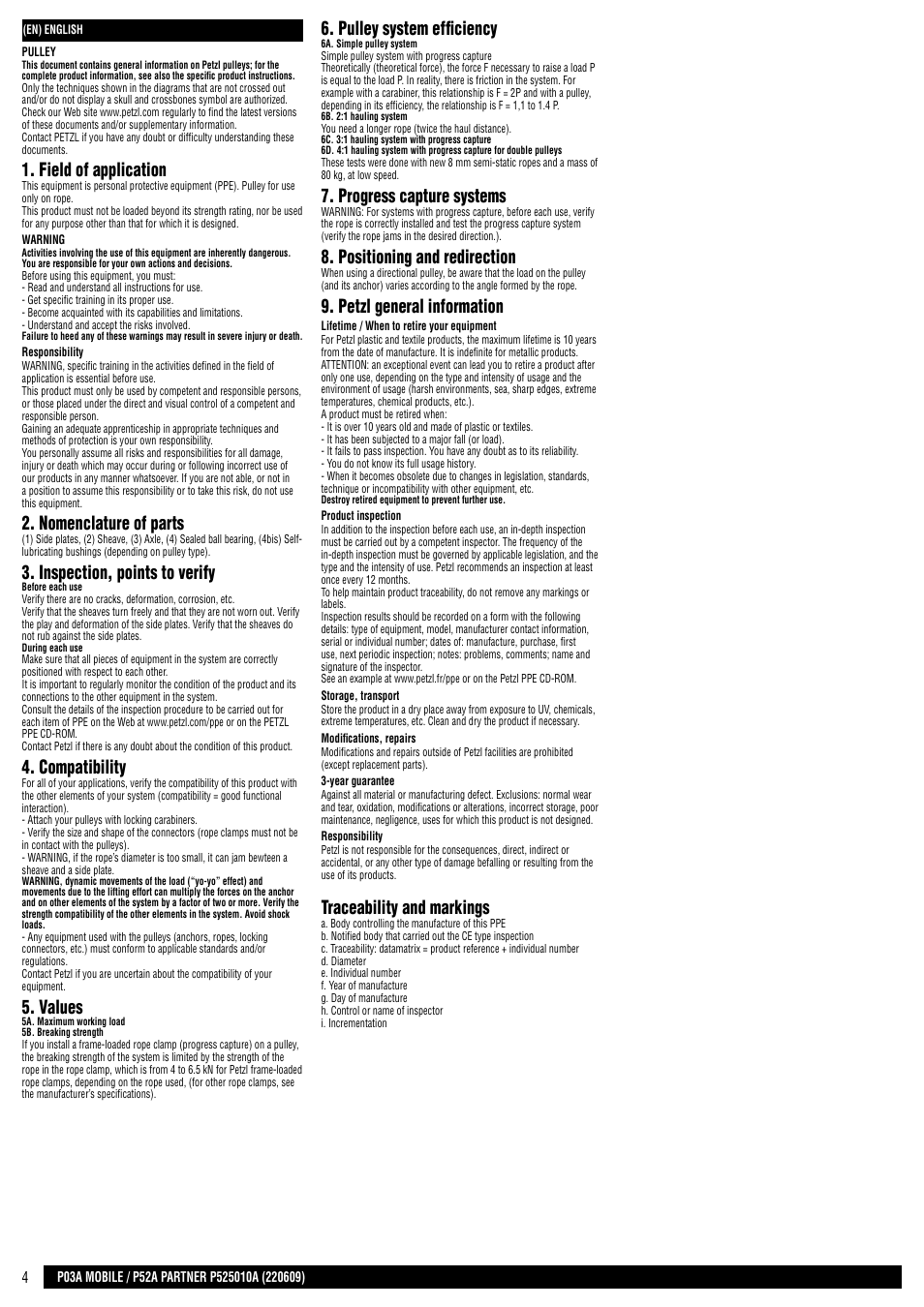 Field of application, Nomenclature of parts, Inspection, points to verify | Compatibility, Values, Pulley system efficiency, Progress capture systems, Positioning and redirection, Petzl general information, Traceability and markings | Petzl PARTNER User Manual | Page 4 / 23