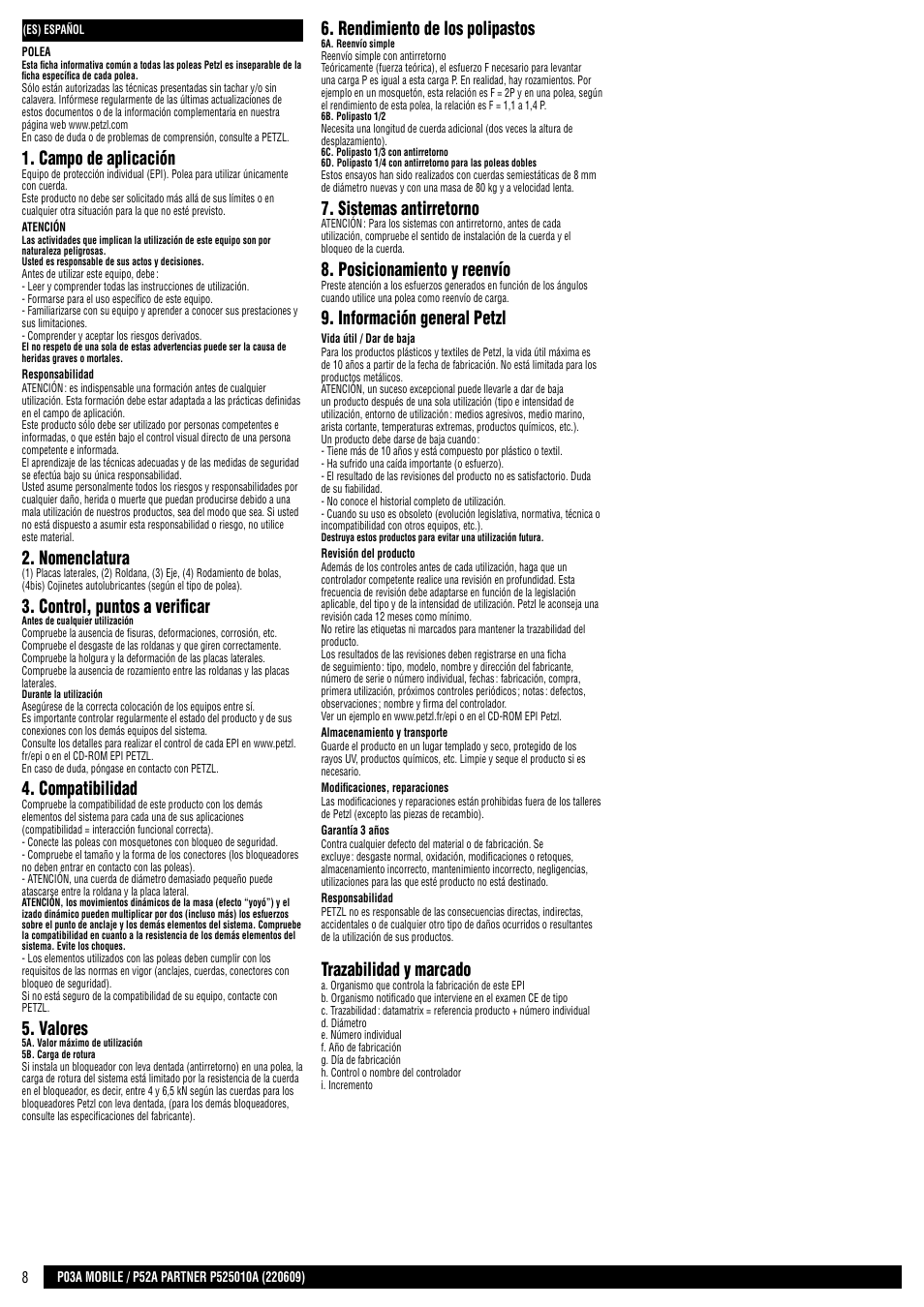 Campo de aplicación, Nomenclatura, Control, puntos a verificar | Compatibilidad, Valores, Rendimiento de los polipastos, Sistemas antirretorno, Posicionamiento y reenvío, Información general petzl, Trazabilidad y marcado | Petzl PARTNER User Manual | Page 8 / 23