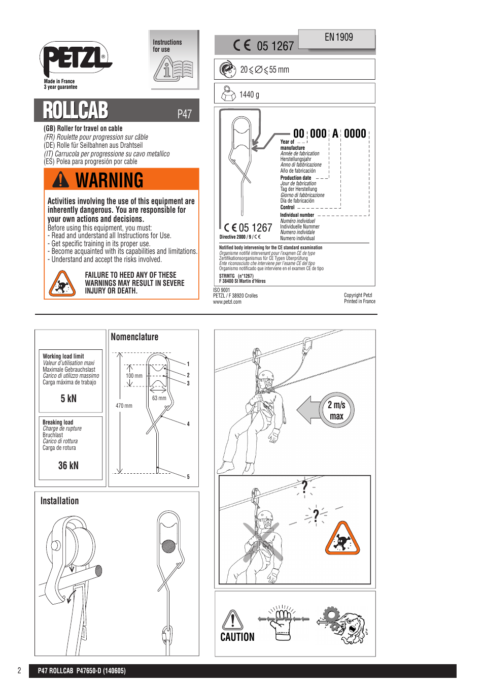 Drawings, Rollcab, Warning | 5 kn 36 kn, En 1909 | Petzl ROLLCAB User Manual | Page 2 / 8