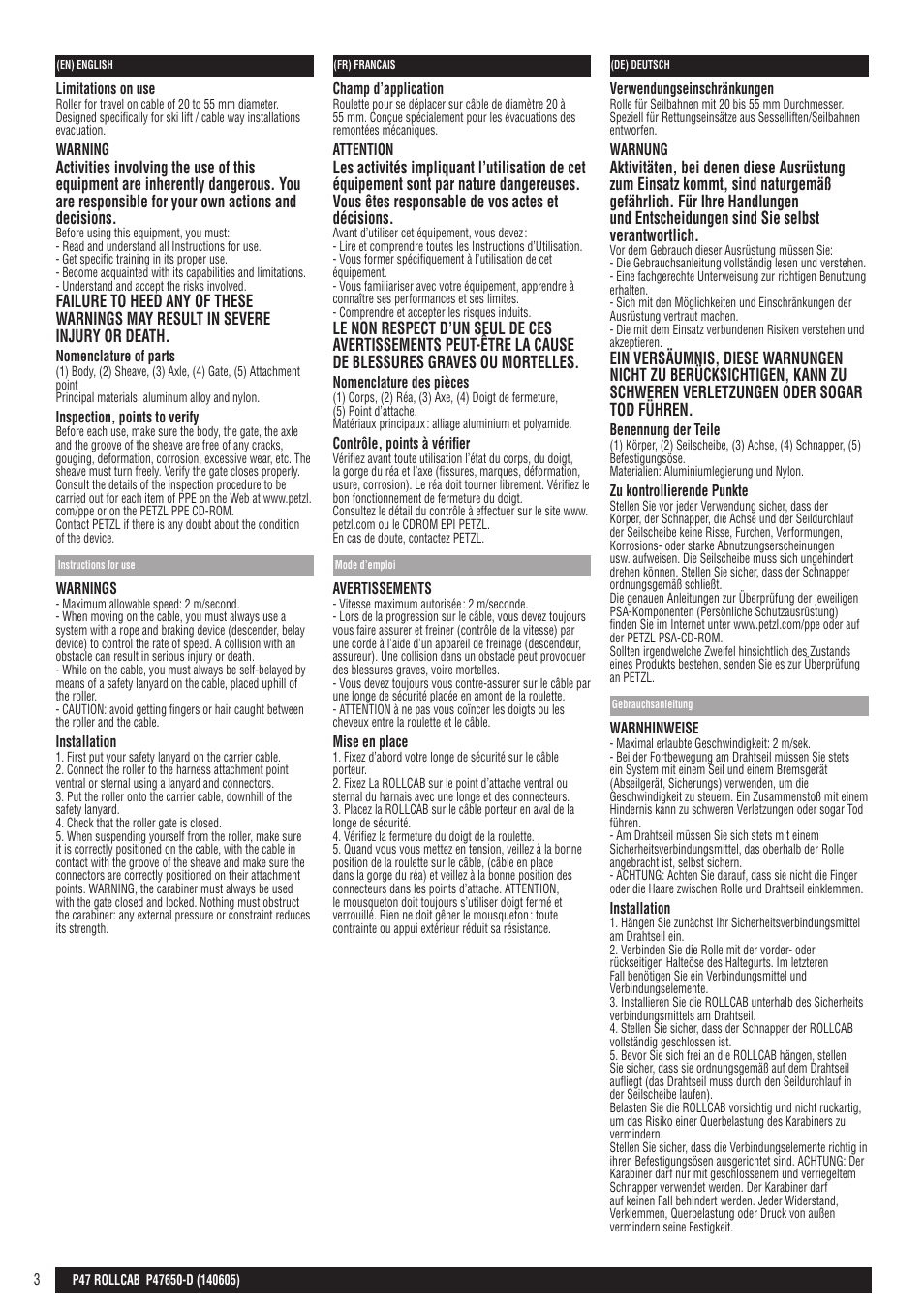 Gb; fr; de | Petzl ROLLCAB User Manual | Page 3 / 8
