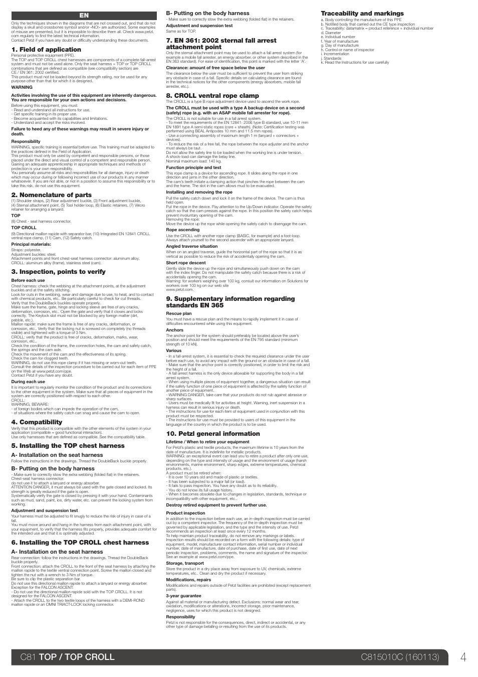 Field of application, Nomenclature of parts, Inspection, points to verify | Compatibility, Installing the top chest harness, Installing the top croll chest harness, Croll ventral rope clamp, Petzl general information, Traceability and markings | Petzl TOP CROLL User Manual | Page 4 / 23