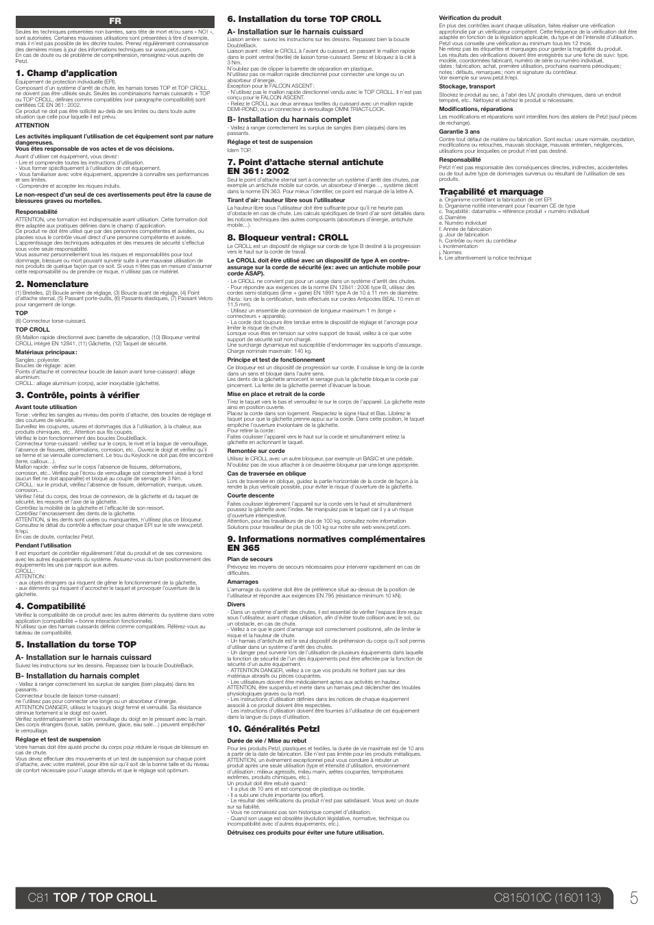 Champ d’application, Nomenclature, Contrôle, points à vérifier | Compatibilité, Installation du torse top, Installation du torse top croll, Bloqueur ventral : croll, Informations normatives complémentaires en 365, Généralités petzl, Traçabilité et marquage | Petzl TOP CROLL User Manual | Page 5 / 23