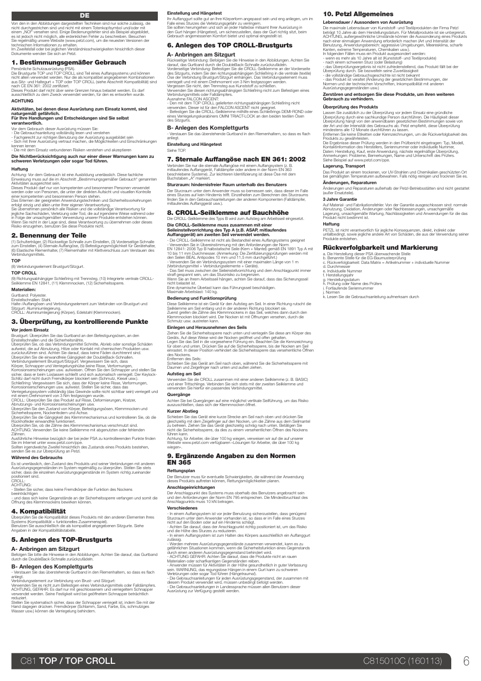 Bestimmungsgemäßer gebrauch, Benennung der teile, Überprüfung, zu kontrollierende punkte | Kompatibilität, Anlegen des top-brustgurts, Anlegen des top croll-brustgurts, Croll-seilklemme auf bauchhöhe, Ergänzende angaben zu den normen en 365, Petzl allgemeines, Rückverfolgbarkeit und markierung | Petzl TOP CROLL User Manual | Page 6 / 23