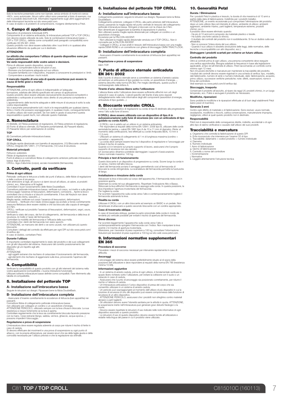 Campo di applicazione, Nomenclatura, Controllo, punti da verificare | Compatibilità, Installazione del pettorale top, Installazione del pettorale top croll, Bloccante ventrale: croll, Informazioni normative supplementari en 365, Generalità petzl, Tracciabilità e marcatura | Petzl TOP CROLL User Manual | Page 7 / 23