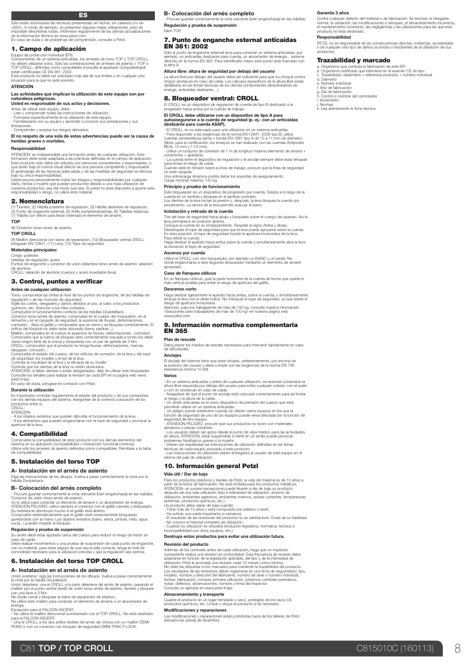 Campo de aplicación, Nomenclatura, Control, puntos a verificar | Compatibilidad, Instalación del torso top, Instalación del torso top croll, Bloqueador ventral: croll, Información normativa complementaria en 365, Información general petzl, Trazabilidad y marcado | Petzl TOP CROLL User Manual | Page 8 / 23